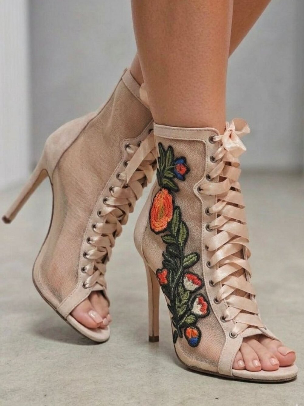 Floral Embroidered Mesh Lace-Up Stiletto Heels With Back Zipper